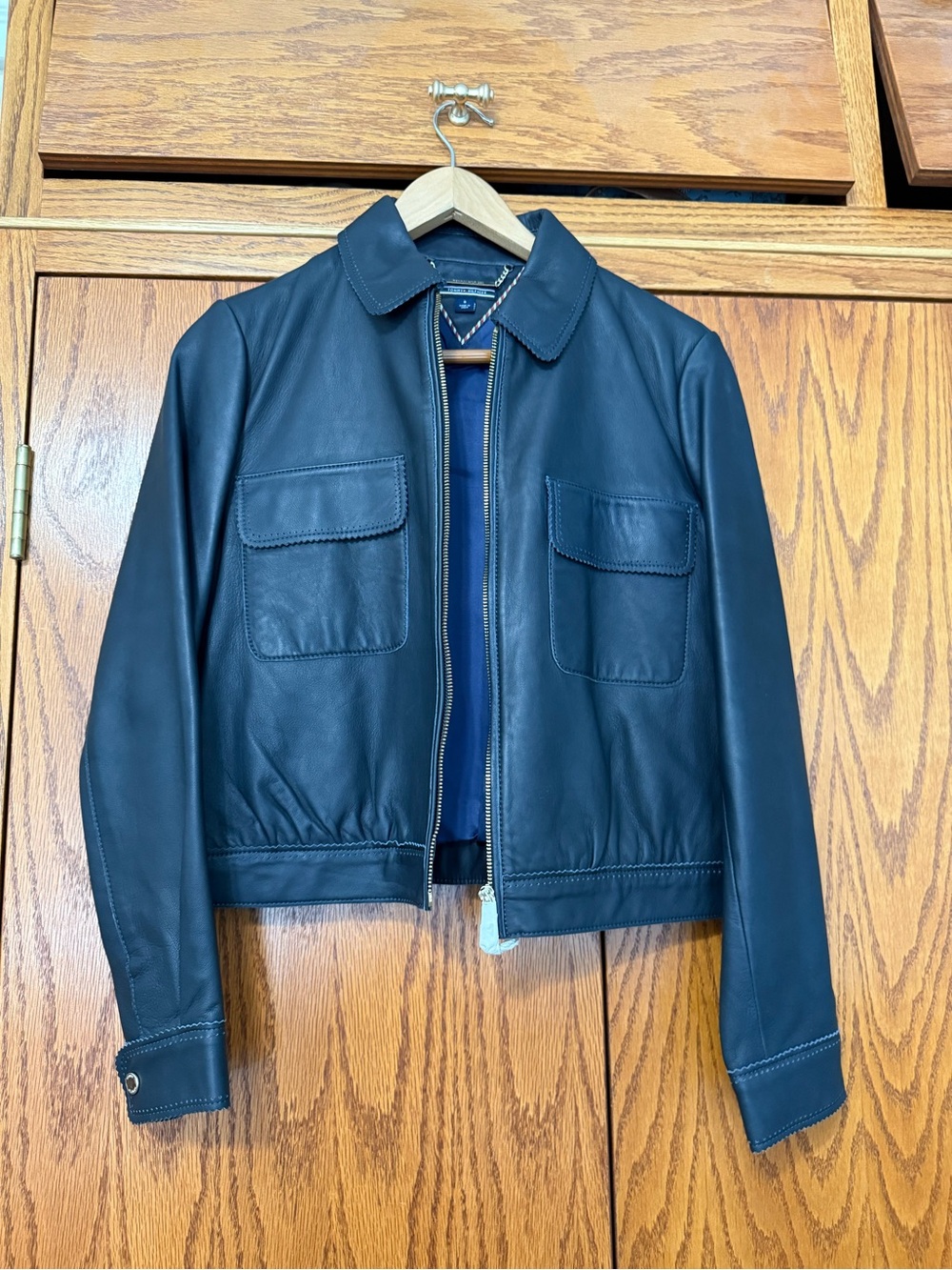 Tommy Hilfiger Dark Navy Leather Jacket with Front Flap Pockets